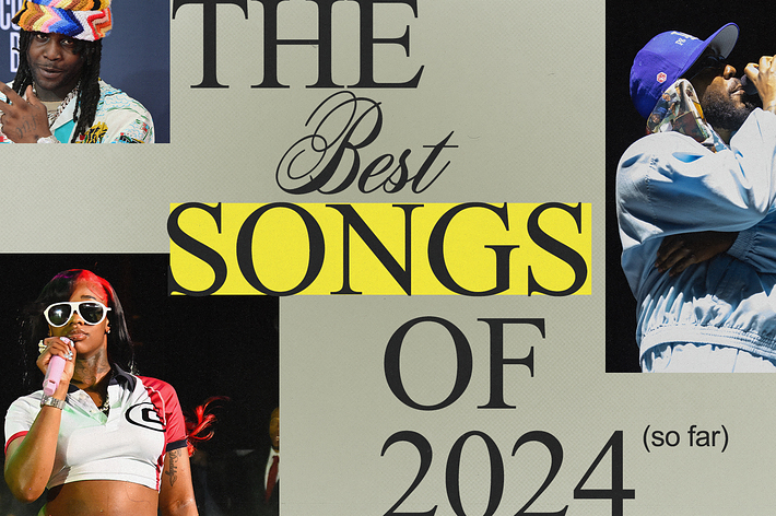 Collage of musicians Ice Spice, Cardi B, and Travis Scott with the text "The Best Songs of 2024 (so far)."