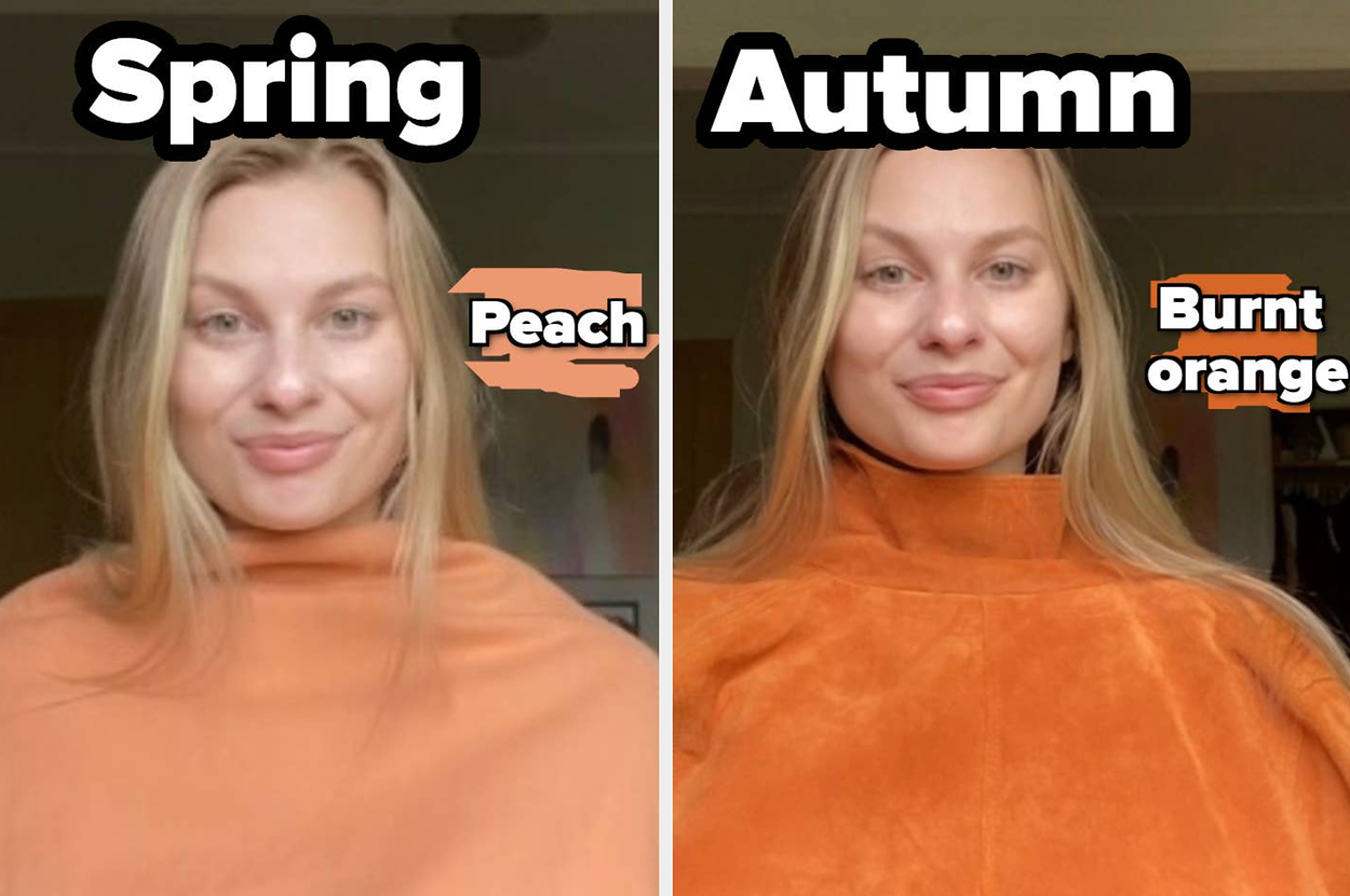 Four images show a person in different seasonal-themed tops labeled Peach (Spring), Burnt Orange (Autumn), Dusty Coral (Spring), and Olive Green (Autumn). Next to them is a chat addressing what shades suit warm skin tones, with a woman pointing to the tex