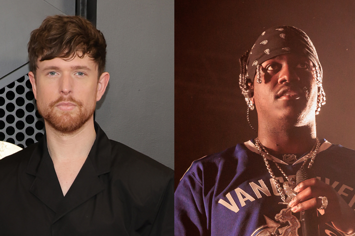 James Blake, wearing a black jacket, stands next to Lil Yachty, dressed in a bandana and a Vancouver Canucks jersey with layered chains