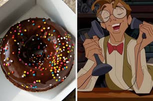 On the left, there's a chocolate-frosted donut with colorful sprinkles. On the right, a character from Disney's "Atlantis: The Lost Empire," Milo Thatch, is smiling and holding a telephone