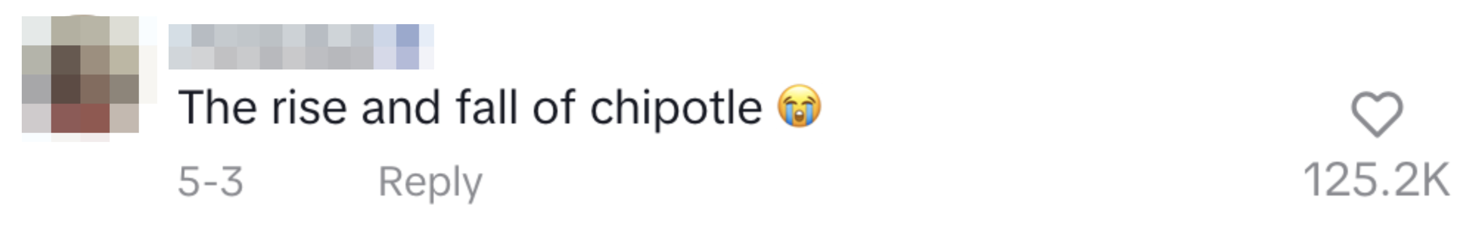 TikTok user commenting, "The rise and fall of chipotle" with a crying emoji, dated 5-3, with 125.2K likes