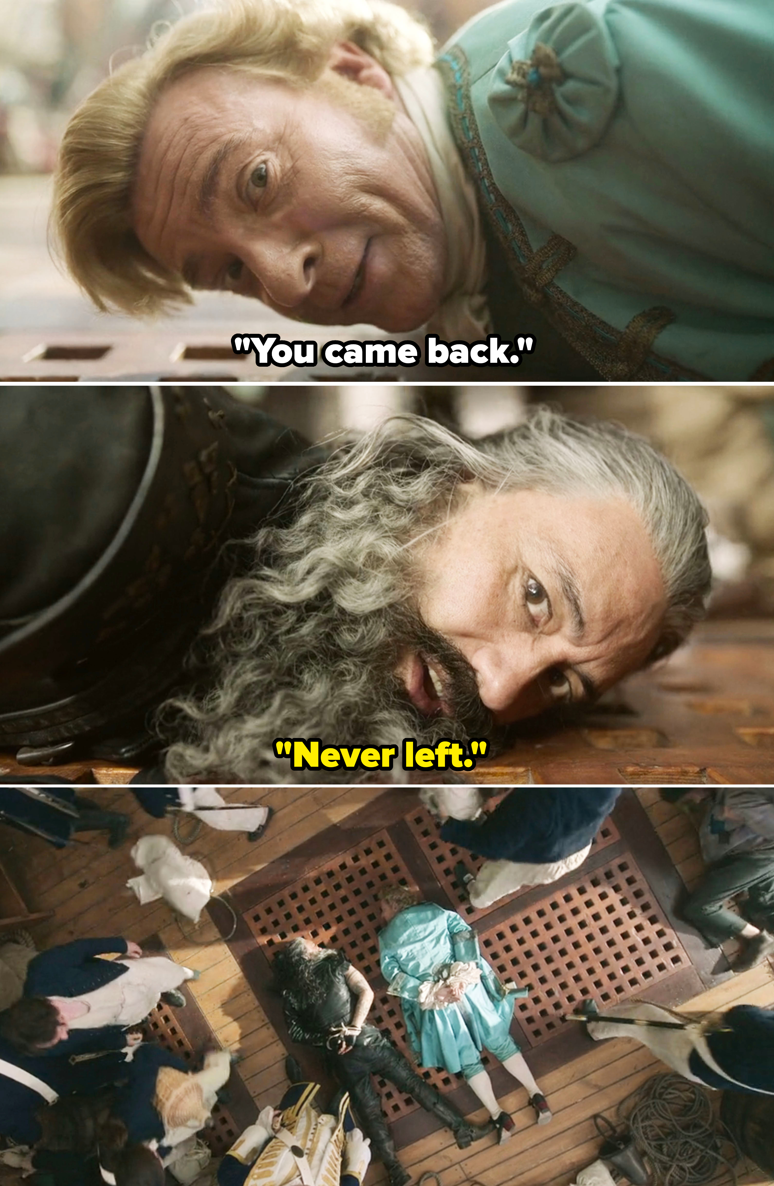 Three scenes from &quot;Our Flag Means Death&quot;: Rhys Darby in a green outfit lying down, Taika Waititi with a beard lying down, and a top-down view of a deck scene
