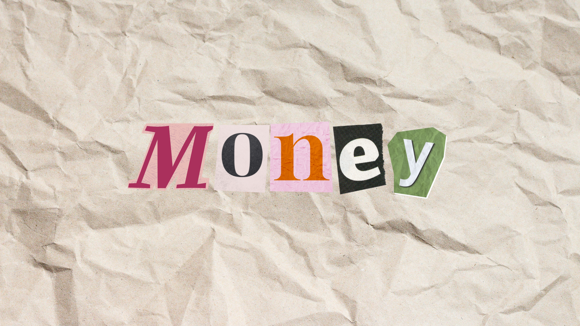 The word &quot;Money&quot; spelled out using letters cut from different magazines, placed on a crumpled paper background