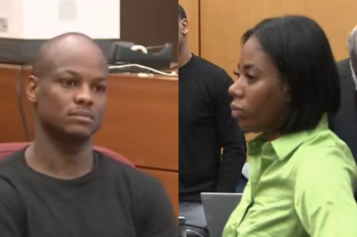 Unknown man wearing a black shirt and unknown woman wearing a green shirt, both in courtroom setting. Other people and courtroom furniture visible in the background