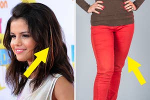 Selena Gomez on the left red carpet, smiling with a feather in her hair; a person on the right wears bright red skinny jeans