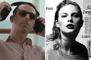 On the left, Jeremy Strong removing headphones from his ears as Kendall on Succession, and on the right, Taylor Swift on the Reputation album cover