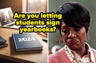 Text reads: "Are you letting students sign yearbooks?" On the left side is a desk with a closed yearbook marked "2024." On the right is a skeptical Barbara from "Abbott Elementary"