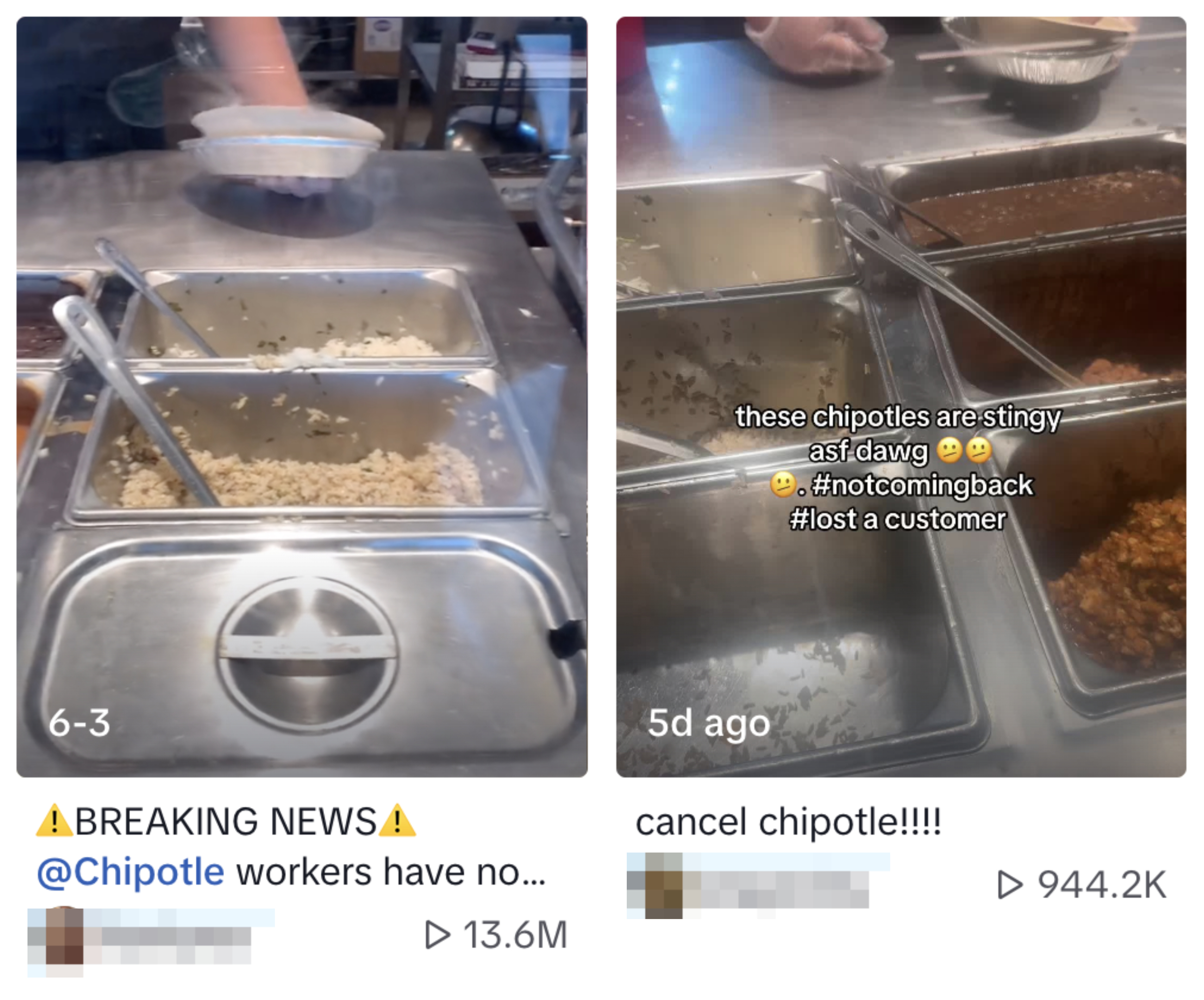 Two images show nearly empty trays of food at Chipotle with text expressing dissatisfaction about portion sizes. Captions indicate frustration and threat to not return