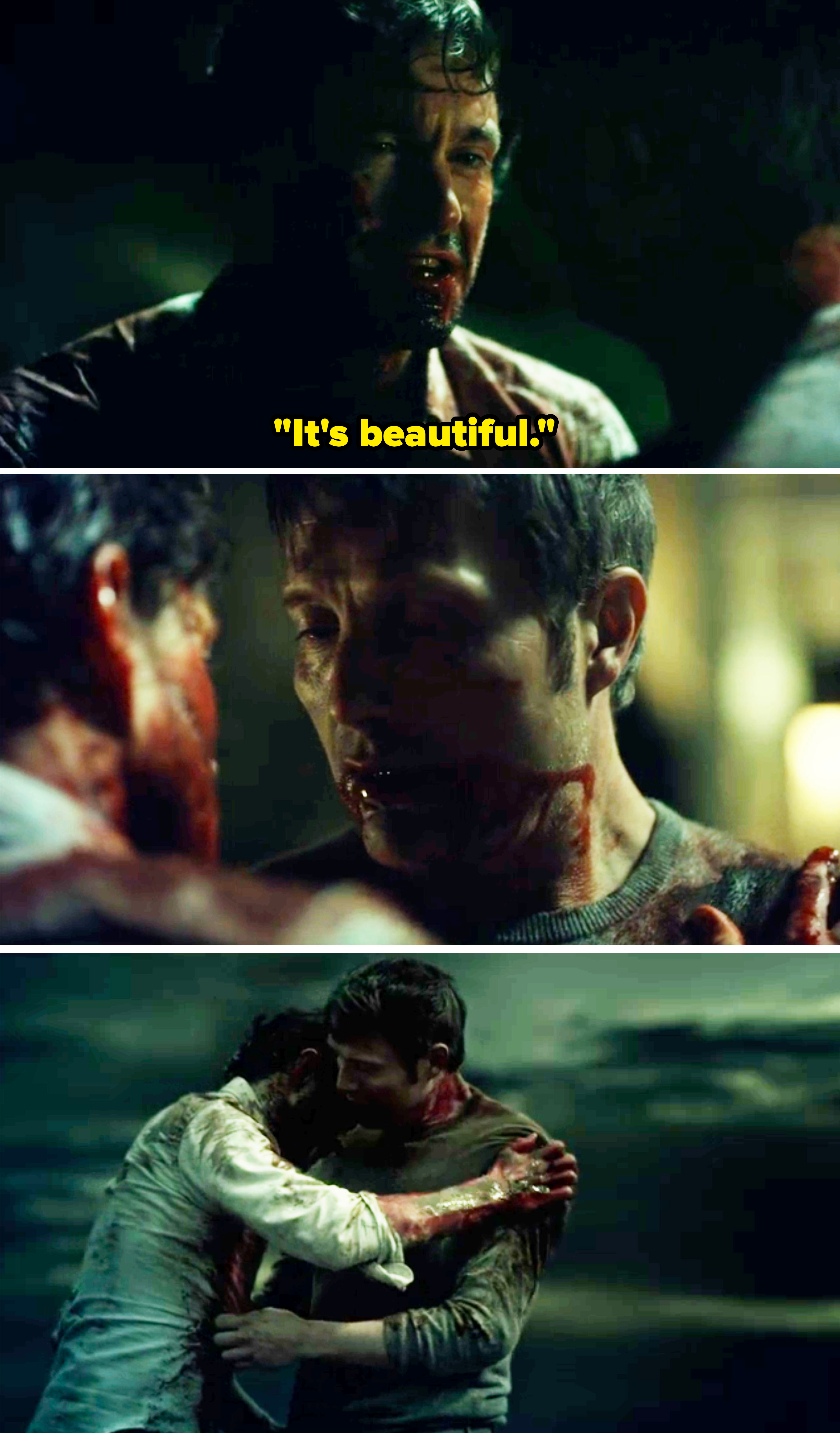 Bloody scene from TV show Hannibal, featuring characters Will Graham and Hannibal Lecter in intense moments