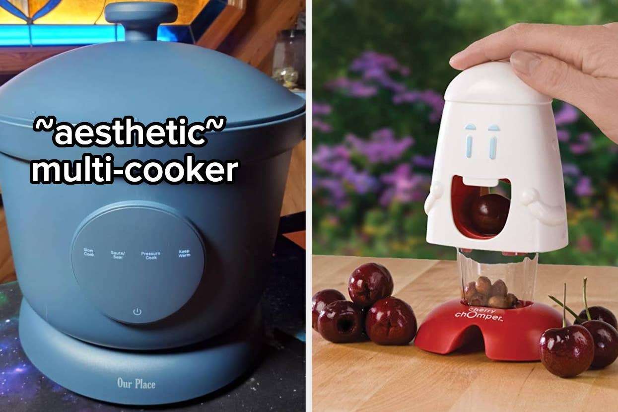 Two photos: the left shows a sleek multi-cooker labeled "aesthetic"; the right shows a fun cherry pitter shaped like a ghost