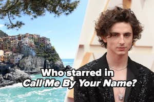 Timothée Chalamet on the red carpet in a black, sequined jacket. Text reads, "Who starred in Call Me By Your Name?" with a scenic coastal town in the background