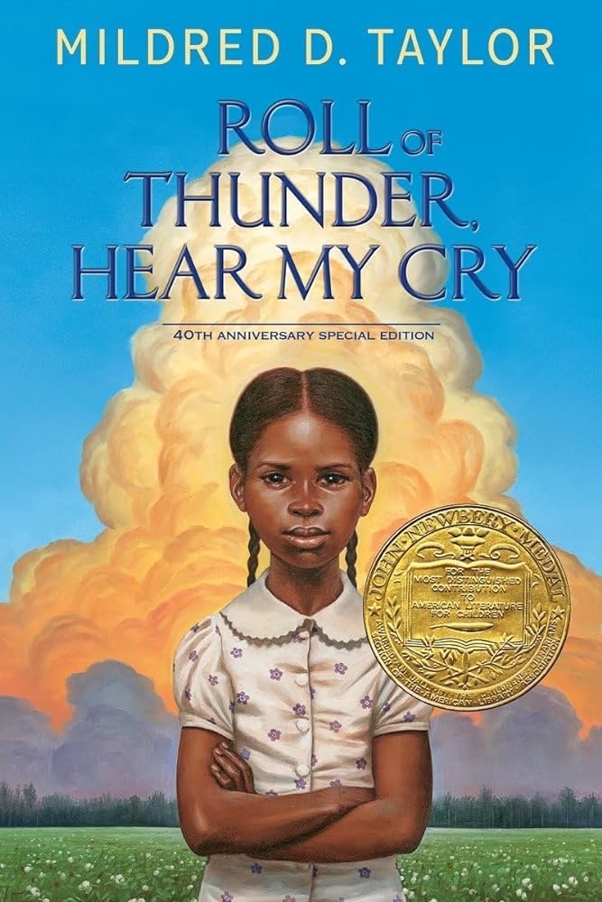 Book cover of "Roll of Thunder, Hear My Cry" by Mildred D. Taylor, 40th Anniversary Special Edition, features an illustration of a serious girl standing with arms crossed