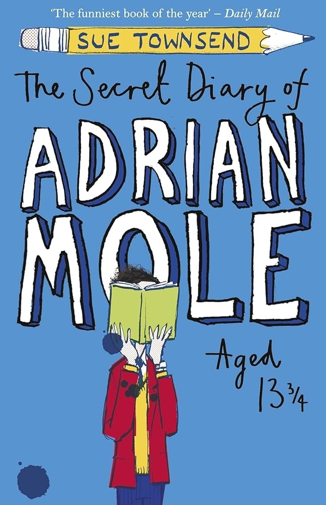 Book cover of "The Secret Diary of Adrian Mole Aged 13 3/4" by Sue Townsend, featuring a character hiding his face behind a green book