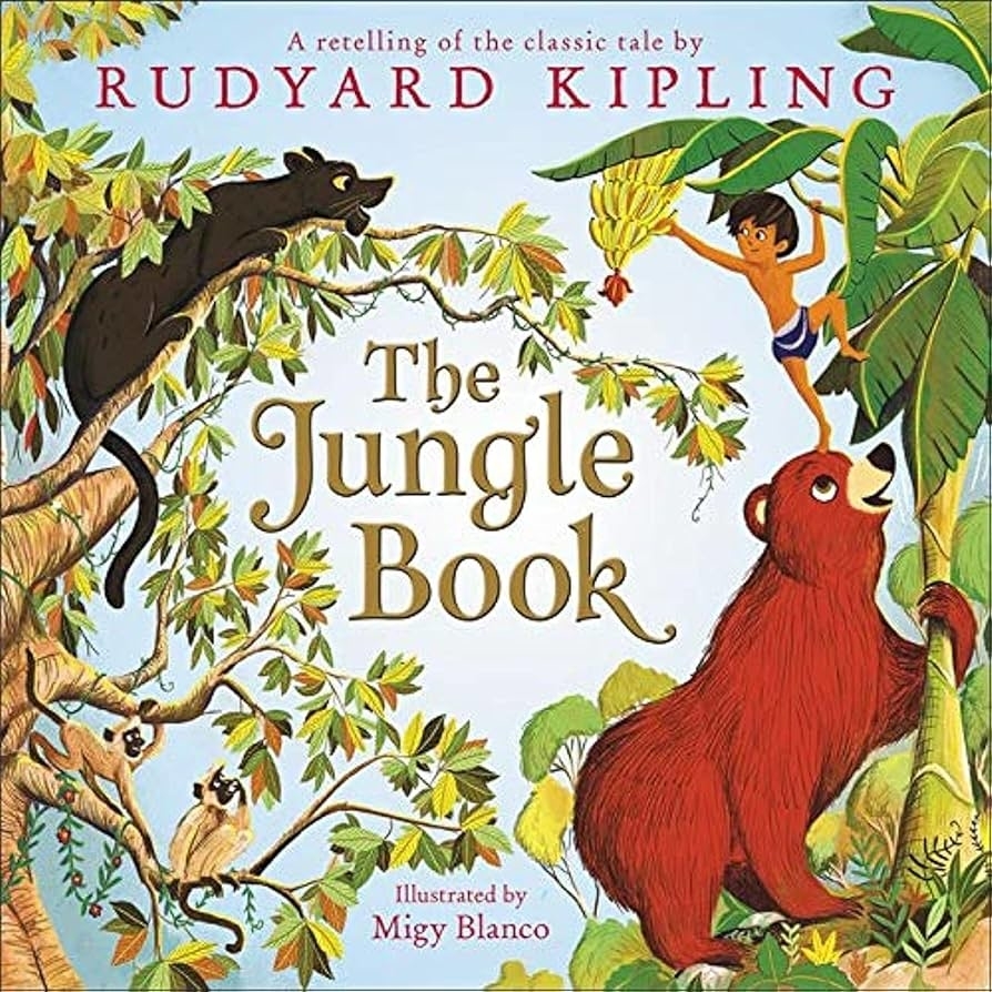 Cover of "The Jungle Book" with a boy, bear, panther, orangutan, and other animals in a jungle, illustrated by Migy Blanco. By Rudyard Kipling