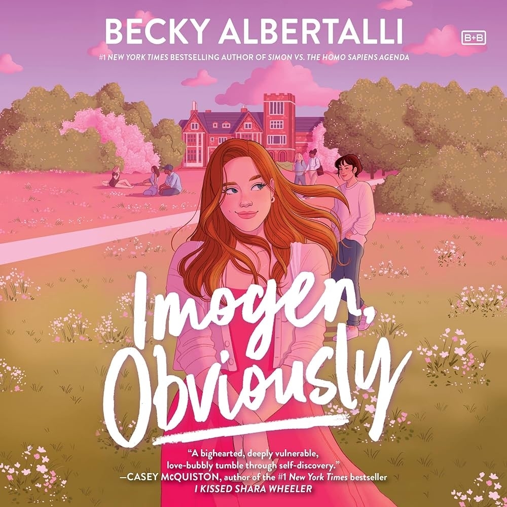 Book cover of "Imogen, Obviously" by Becky Albertalli, depicting a girl with long hair holding a book, with a park scene in the background