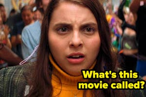 Beanie Feldstein looks bewildered in a bustling crowd. The text on the image reads, "What's this movie called?"