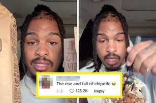 Keith Lee showcases a Chipotle bag in one frame and eats from a burrito bowl in the other. The caption reads, "The rise and fall of Chipotle."