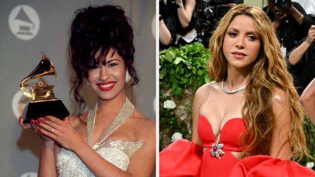 Selena holding a Grammy award in an elegant gown. Shakira in a fashionable red dress at a formal event