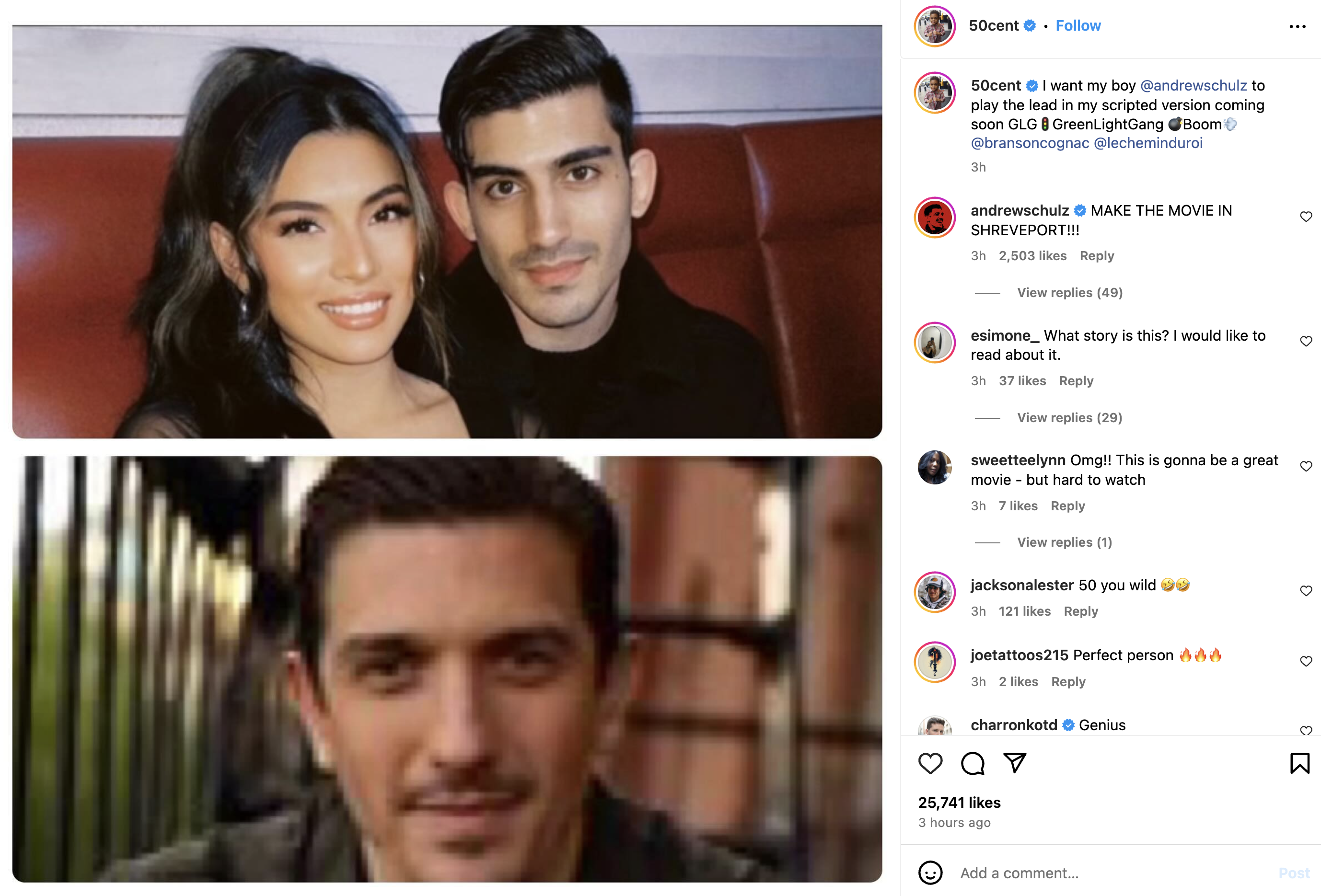 Andrew Schulz and Balqees Fathi smiling together in a close-up photo. Below, Andrew Schulz is seen in another close-up shot