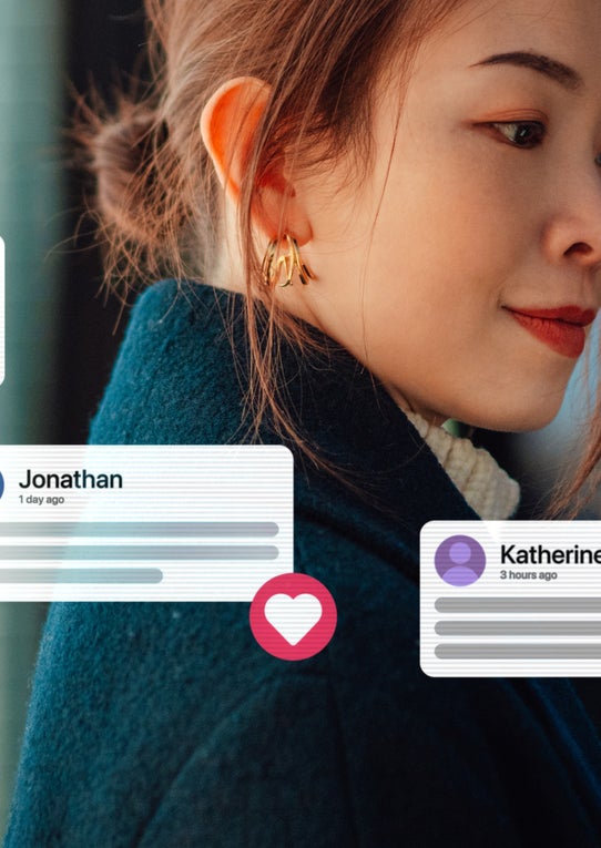 A woman looks at her phone as social media reactions from Isabella, Jonathan, Katherine, and Ramsay appear around her