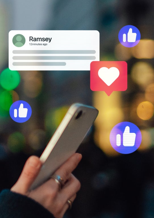 A woman looks at her phone as social media reactions from Isabella, Jonathan, Katherine, and Ramsay appear around her