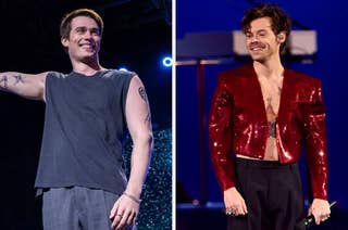 Two photos side by side: Harry Styles on the right in a red sequined jacket, Nick Kroll on the left in a sleeveless black shirt, both smiling