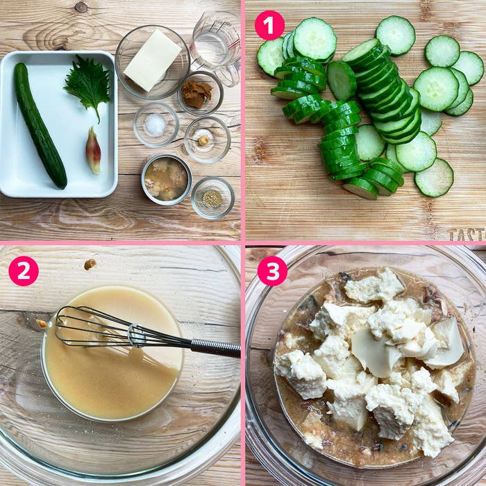 きゅうりと豆腐を使った料理の手順。1. 材料準備 2. 調味料混合 3. 具材結合