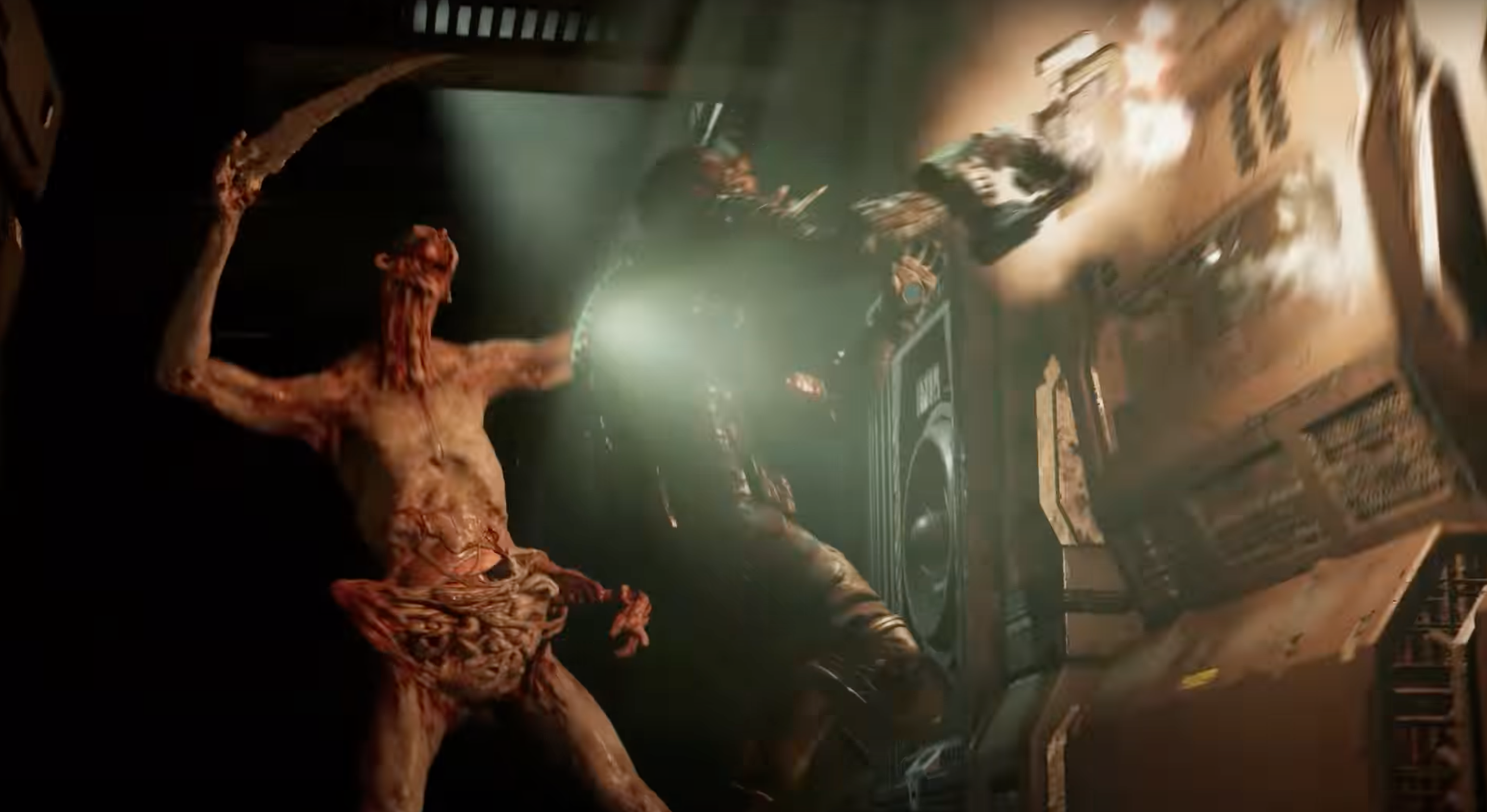 A screenshot from the game "Dead Space" shows a grotesque zombie-like creature and a protagonist in a sci-fi setting
