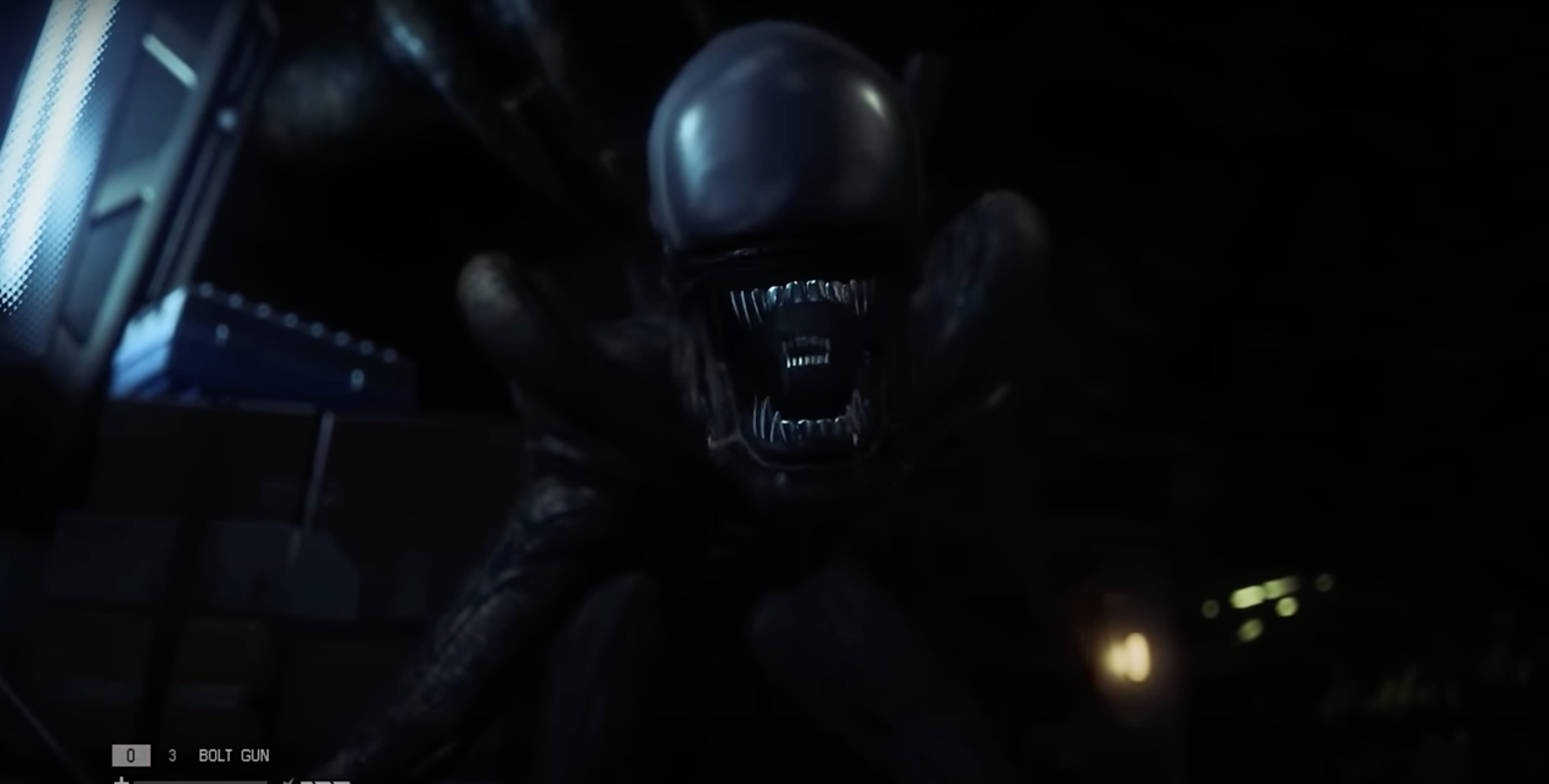 Xenomorph creature from the Alien movie franchise in a dark, ominous setting with its mouth open, showing sharp teeth
