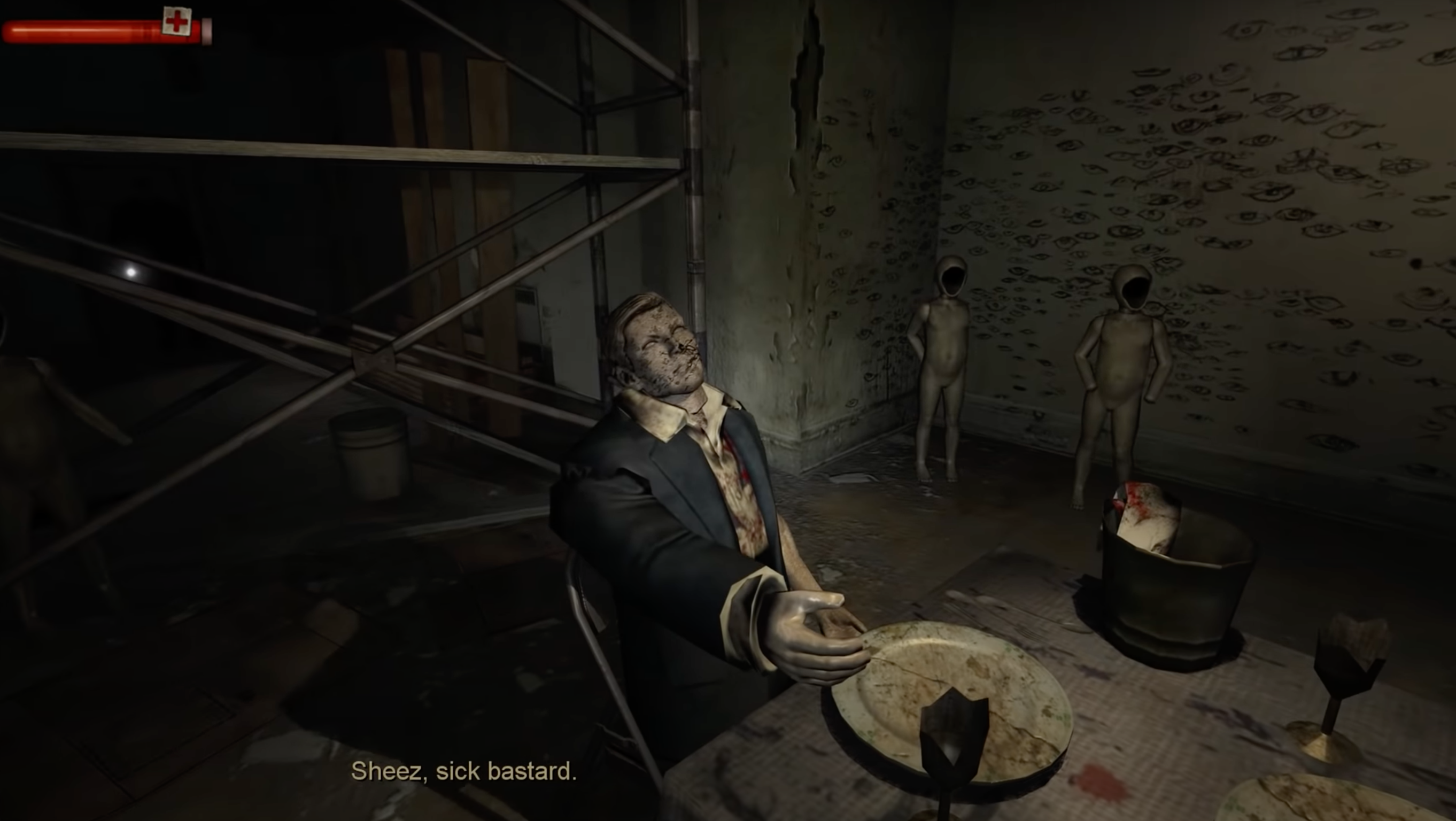 A disturbing scene from a horror video game shows a disheveled man in a suit, bloodied and sitting at a dinner table. Three eerie figures stand in the background. The text reads "Sheez, sick bastard."