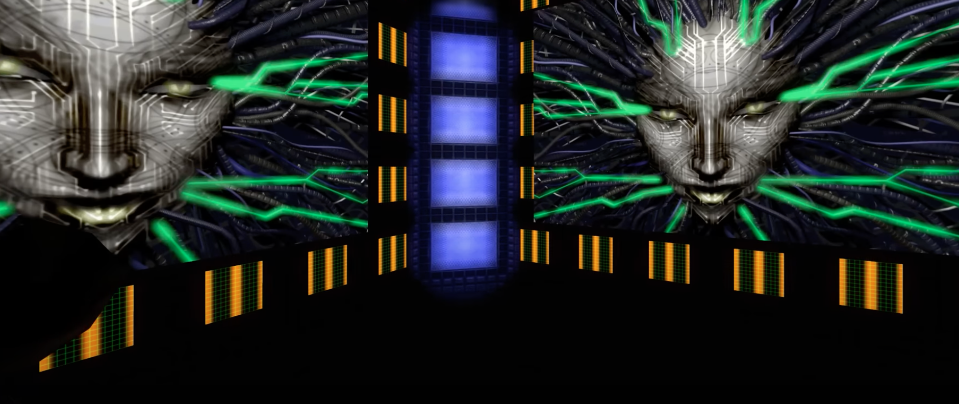 A digital artwork featuring an intricate face with electronic elements and green lines extending from the head, displayed on multiple futuristic screens