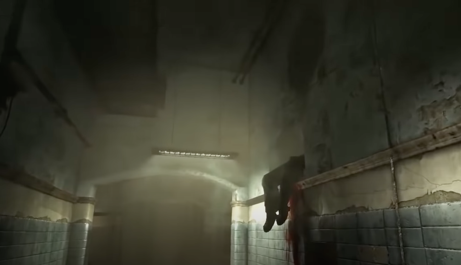 A dark, eerie corridor with tiled walls and a single figure ominously hanging from the wall. No identifiable persons are present