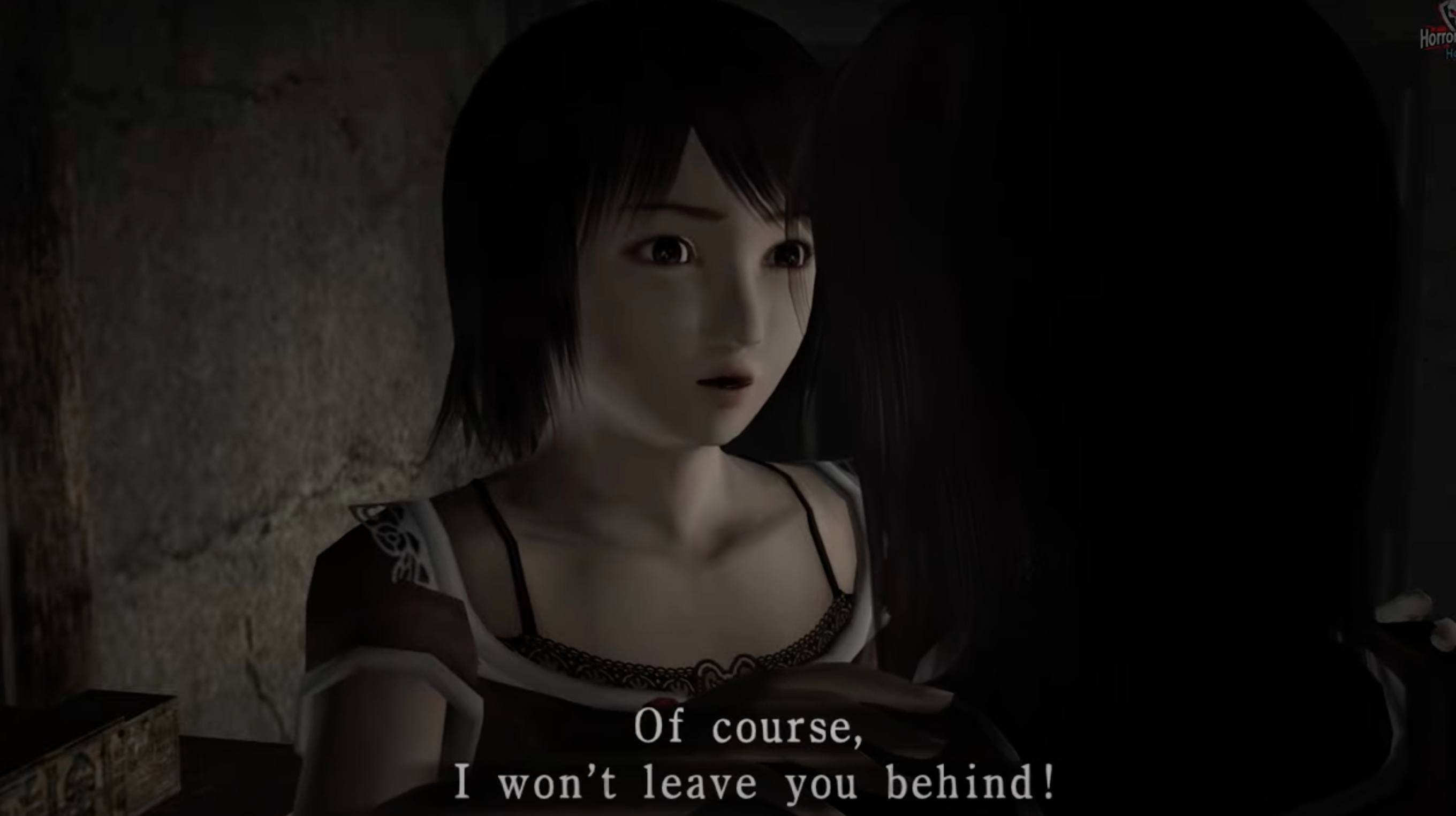 Video game scene showing a character with short hair holding another character. Subtitle reads, "Of course, I won't leave you behind!"