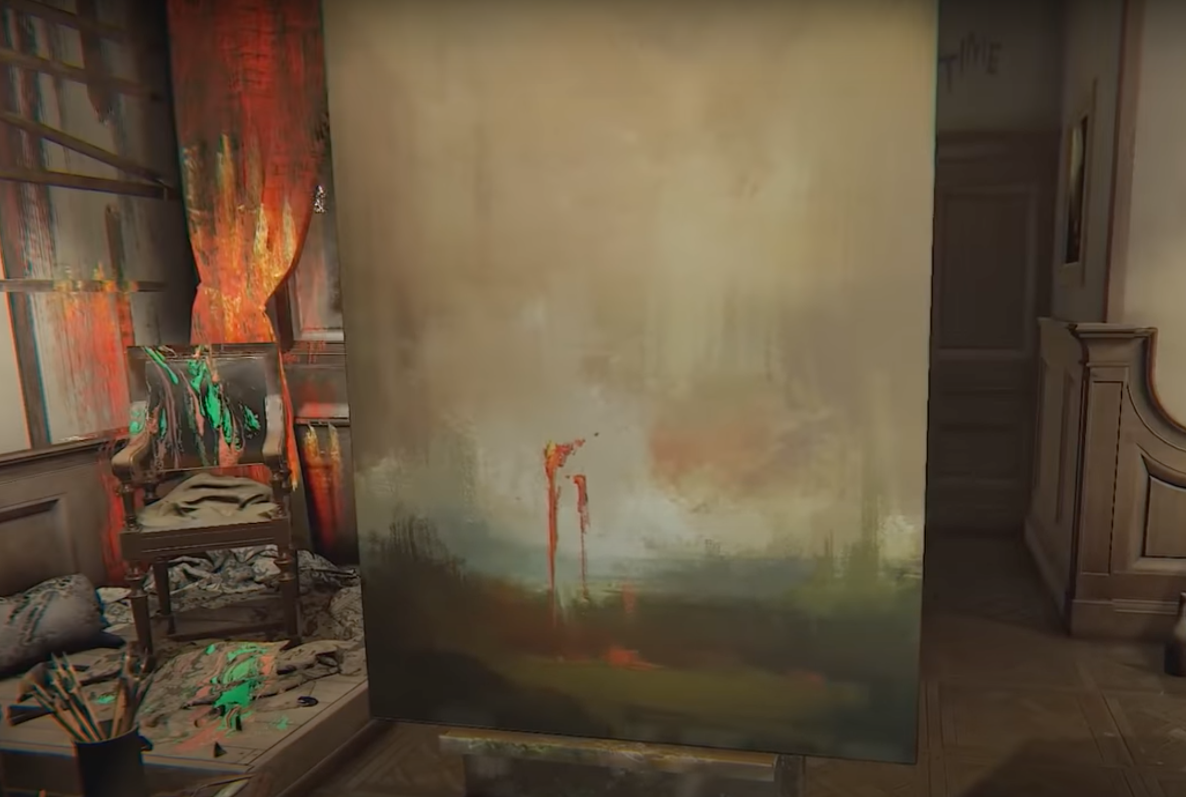 An unfinished abstract painting on an easel in a messy room with paint splatters and brushes. A chair and curtain are visible in the background