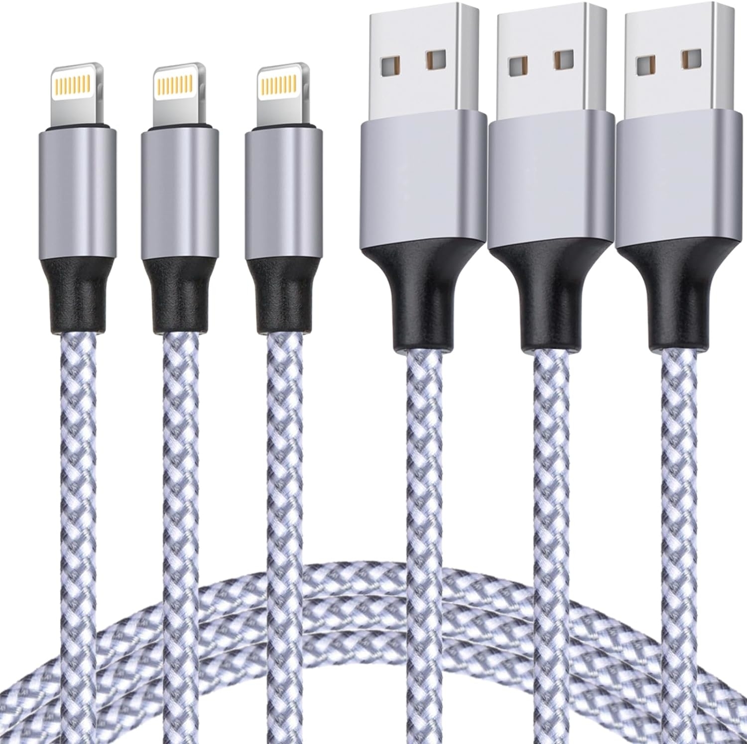 Five braided charging cables with USB and Lightning connectors on a white background