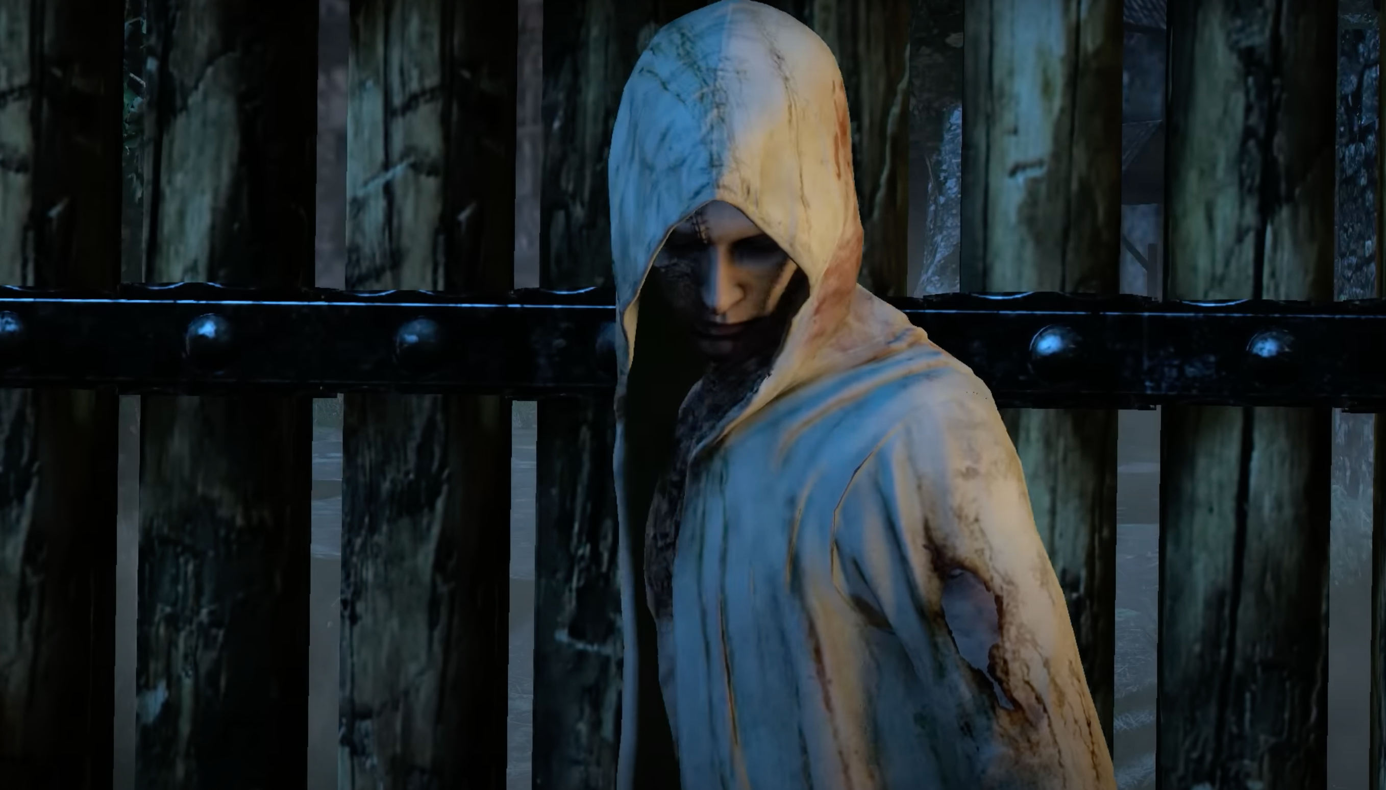 Character in a haunting hooded cloak leans against a weathered wooden gate, creating a sense of mystery and suspense