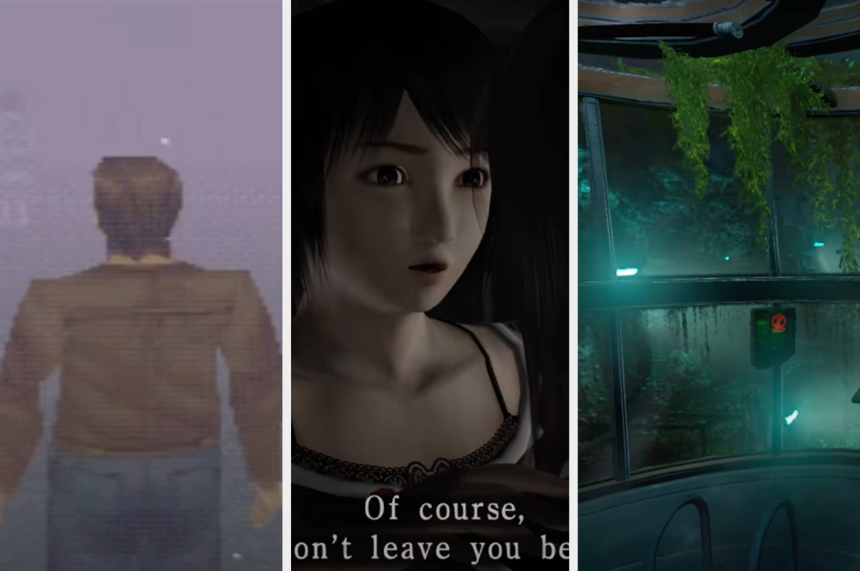 Split screen image showing three scenes from different video games: a person viewed from behind walking, a startled character promising something, and an underwater station setting with vegetation