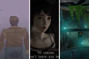 Split screen image showing three scenes from different video games: a person viewed from behind walking, a startled character promising something, and an underwater station setting with vegetation