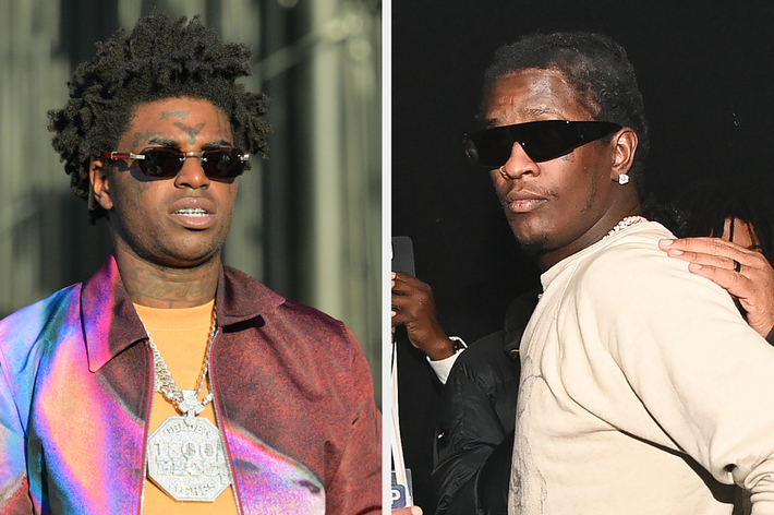 Kodak Black (left) and Young Thug (right) wearing stylish outfits and sunglasses at an event