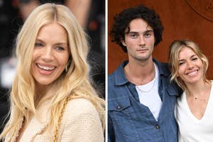 Sienna Miller smiling at an event; Sienna Miller and Oli Green smiling together at another event