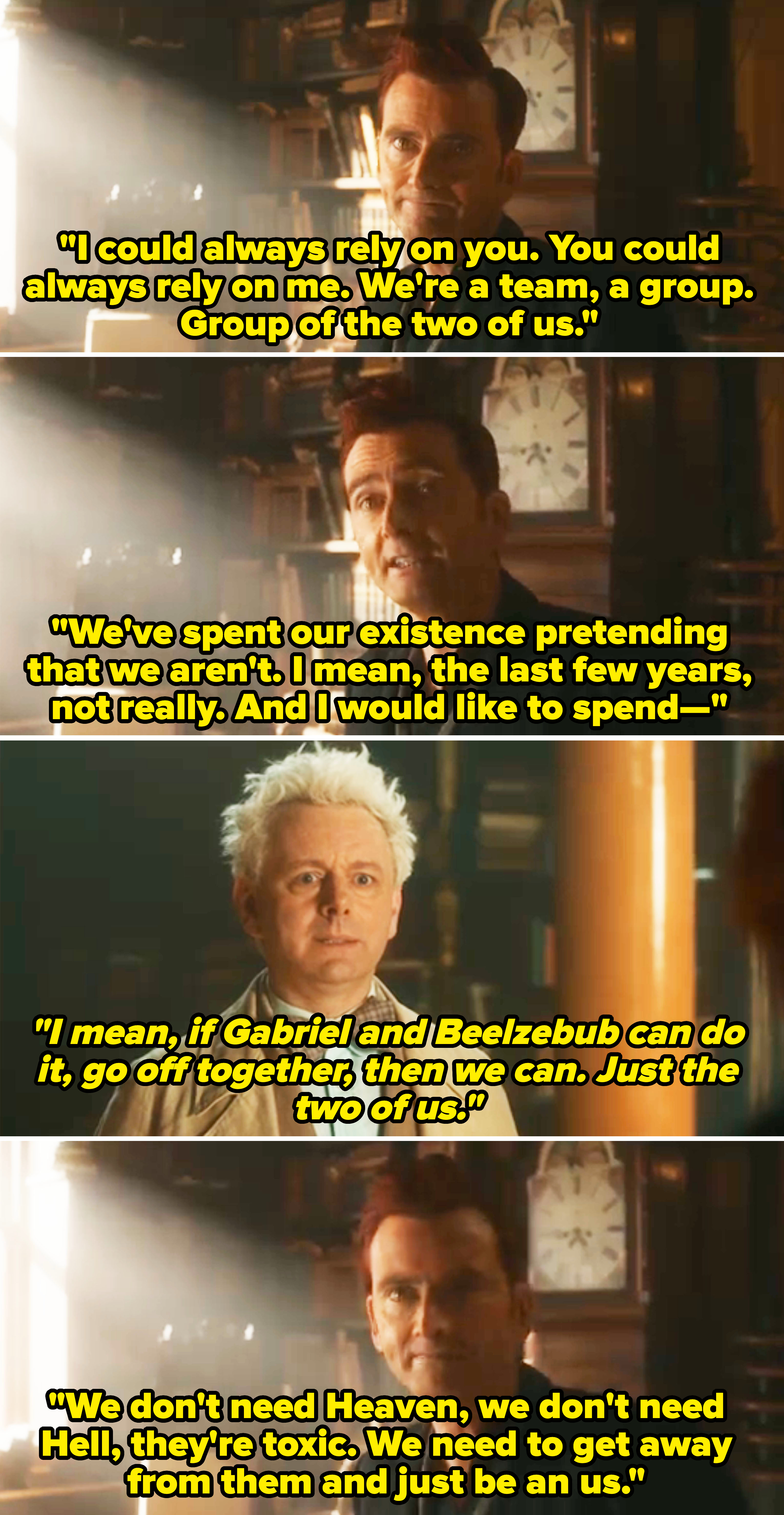 David Tennant and Michael Sheen in a scene from TV show &quot;Good Omens,&quot; standing in a book-filled room with clocks on the walls. Tennant is expressive; Sheen is contemplative