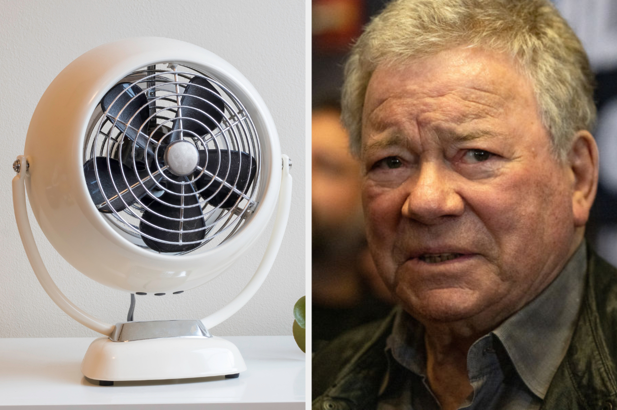 A vintage-style fan on the left. On the right, a man wearing a gray shirt and dark jacket