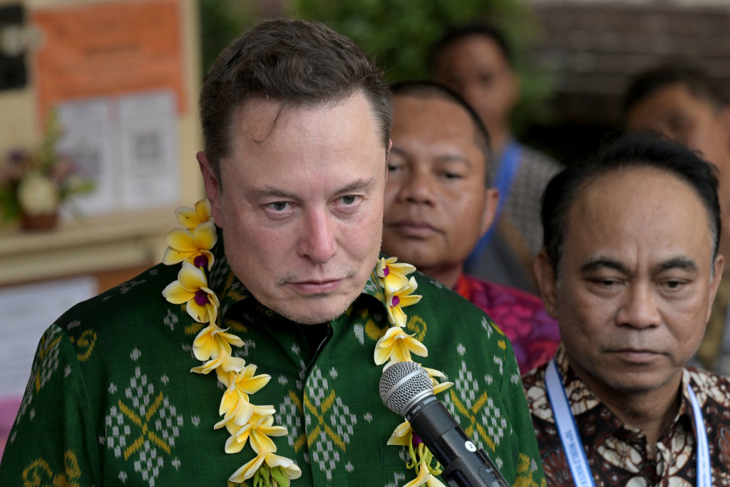 Elon Musk, wearing a traditional patterned shirt and a yellow flower lei, speaks into a microphone with several men standing behind him