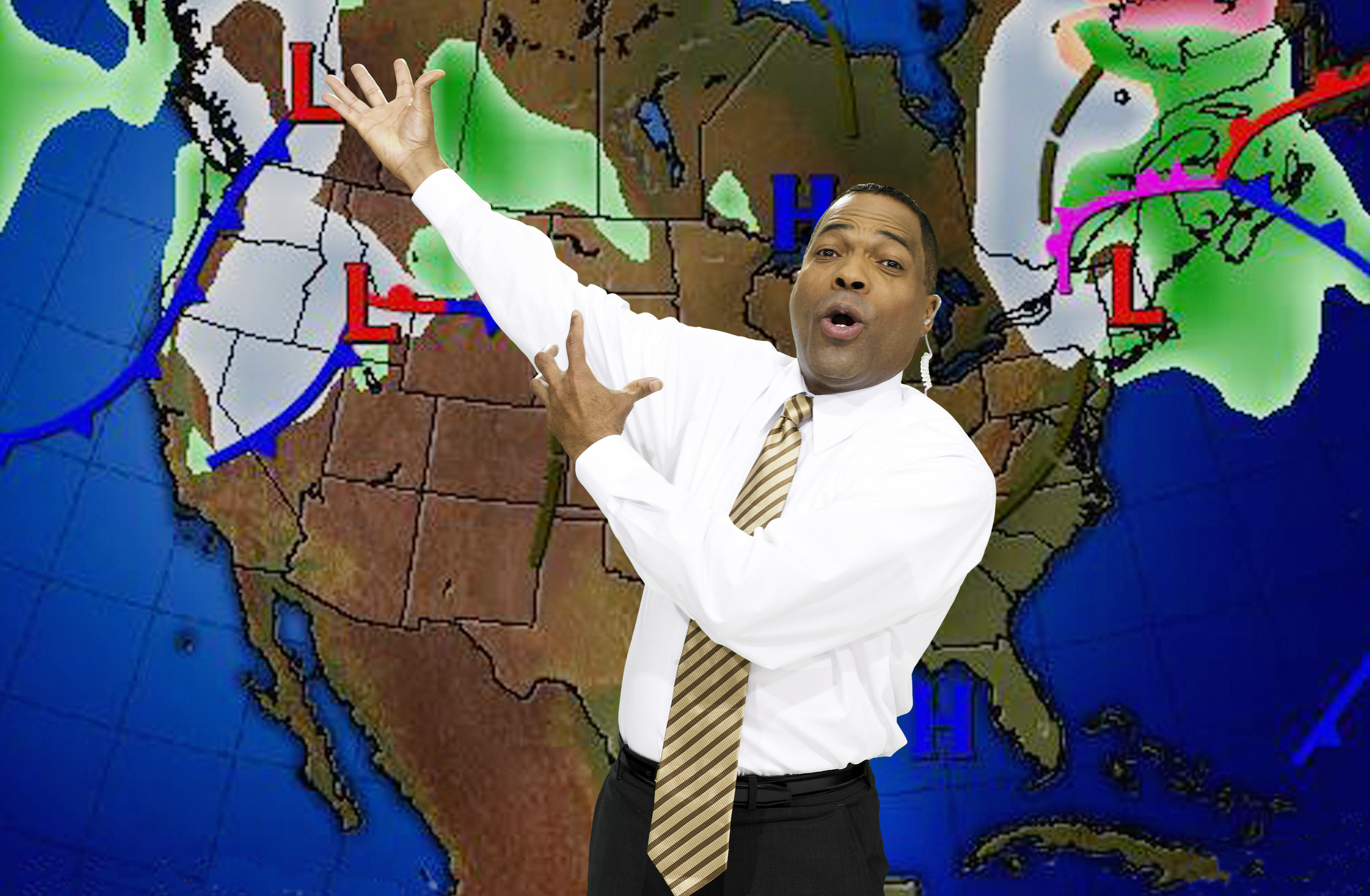 A weatherman in a tie and shirt stands in front of a weather map of North America with weather fronts and pressure systems
