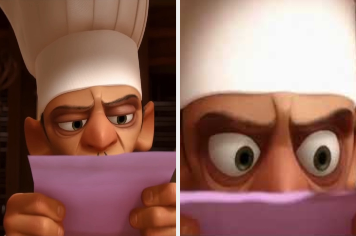 Chef Skinner from "Ratatouille" is shown intensely reading a letter in two close-up images