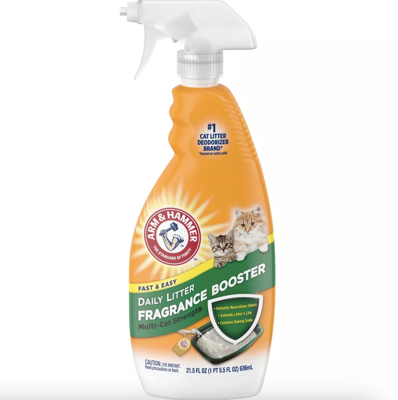 Arm &amp;amp; Hammer Daily Litter Fragrance Booster bottle with fast and easy multi-cat strength and odor control details on label