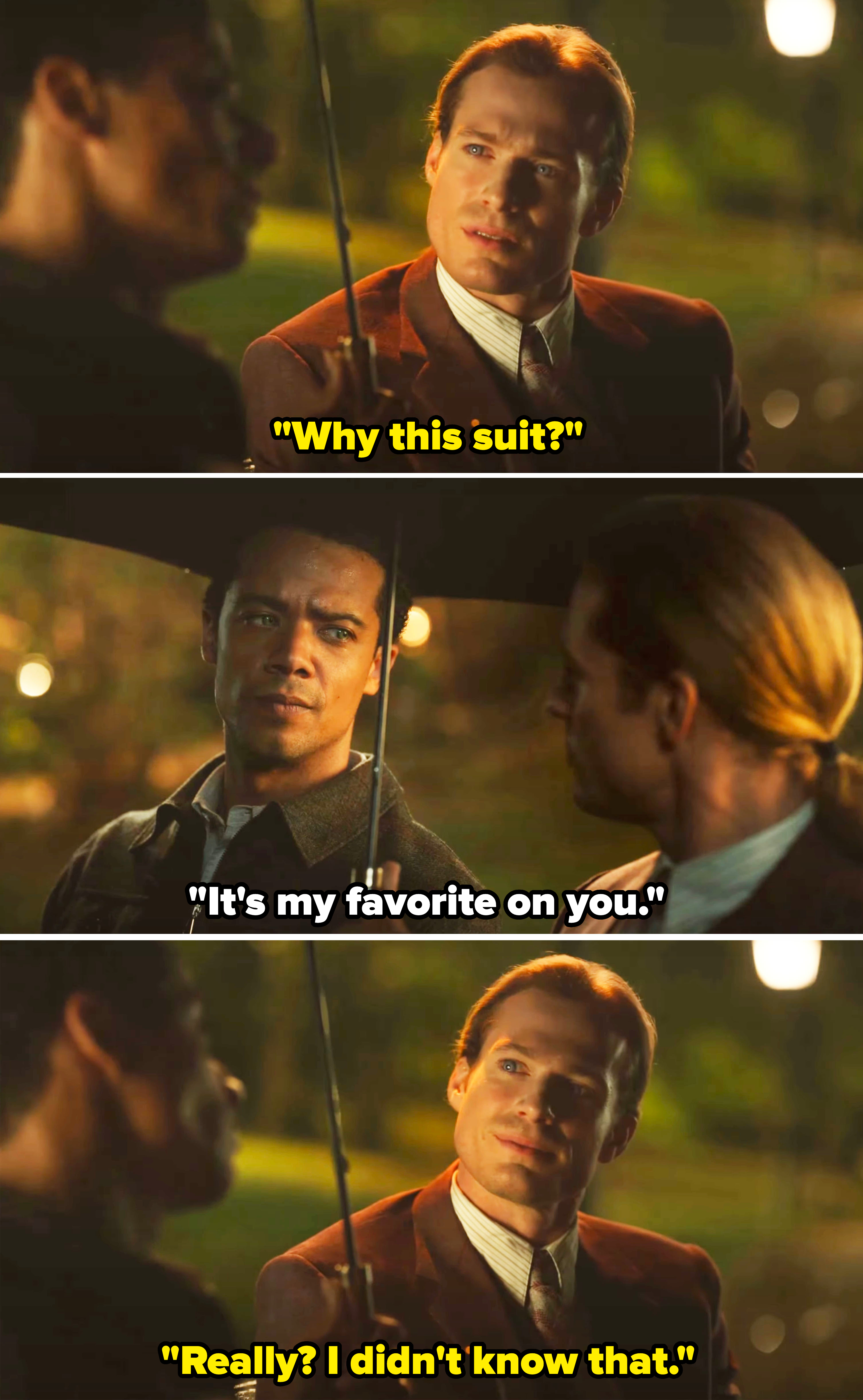 Sam Reid and Jacob Anderson in a three-panel scene from &quot;Interview with the Vampire,&quot; sitting under an umbrella at night, wearing suits, as they converse intensely