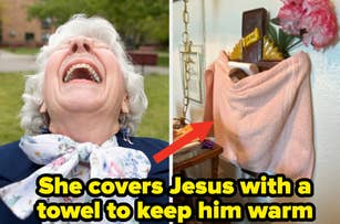 An elderly woman laughing on the left side; on the right, a small statue of Jesus is covered with a towel, with a caption saying, "She covers Jesus with a towel to keep him warm."