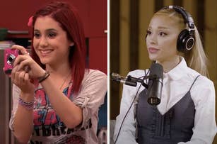 On the left, Ariana Grande as Cat Valentine in "Victorious," taking a photo. On the right, Ariana Grande in a recording studio, wearing headphones and speaking into a microphone