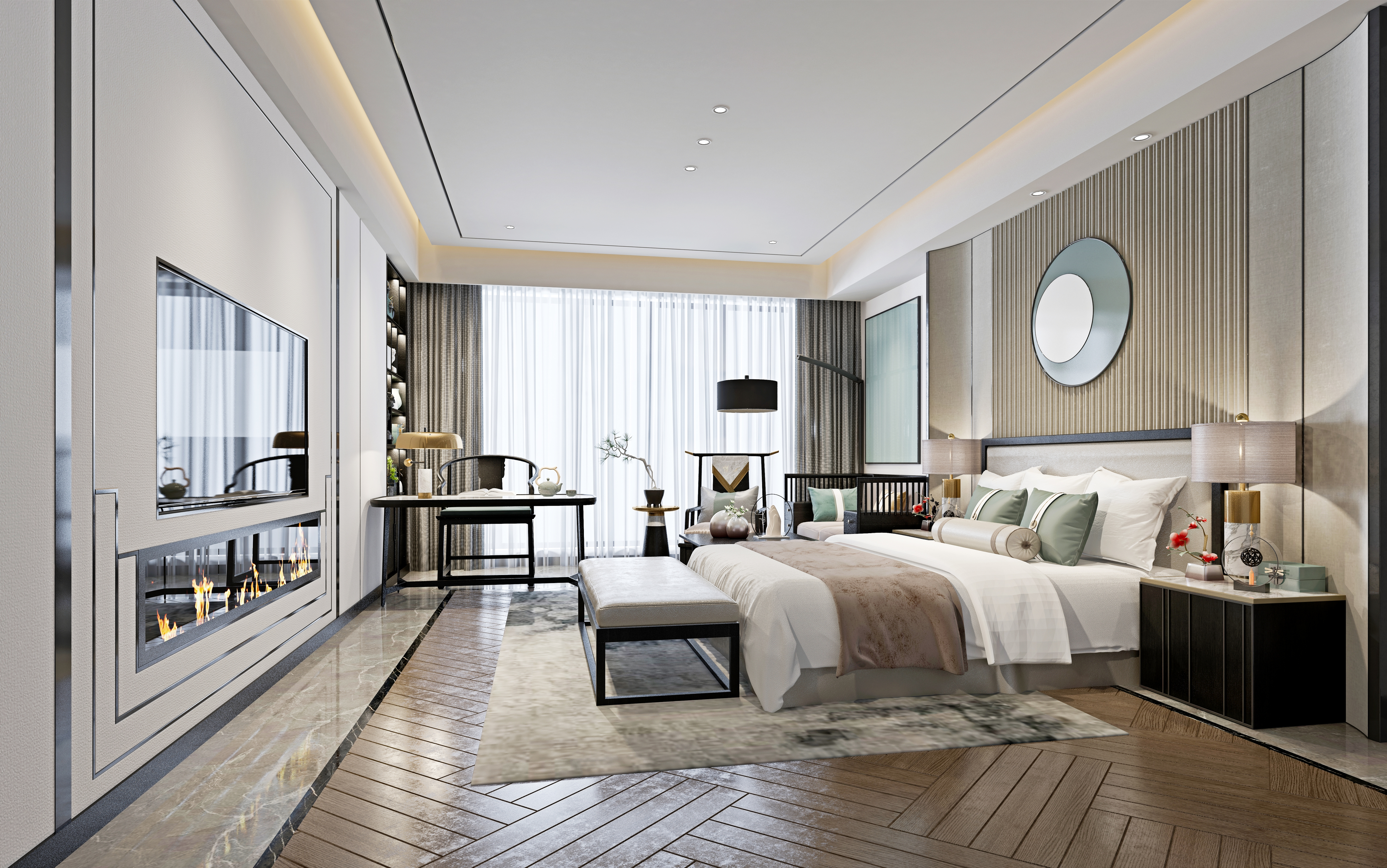 Luxurious, modern bedroom with king-size bed, plush pillows, artwork, large window, desk, seating area, and contemporary decor, conveying a romantic ambiance